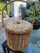 Vintage Floral Tapestry Sewing Basket with Handle and Insert Wicker Craft Box