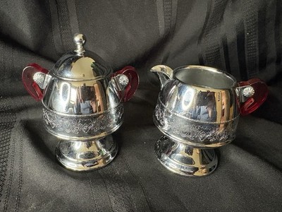 Art Deco Chrome Sugar & Creamer Set Red Bakelite Handles 1940 s Model 800 A