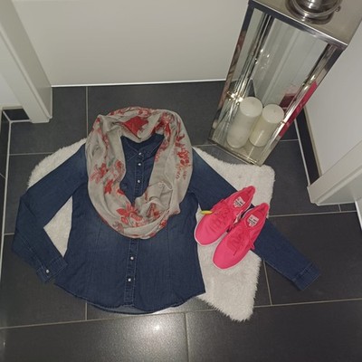 Set outfit Jeansbluse blau Esprit M 38 40 Jeanshemd schal creme Blumenmuster Top