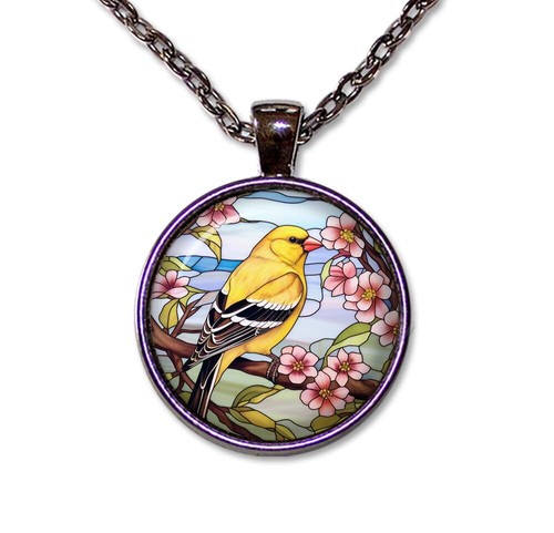 Yellow Canary Bird FAUX Stained Glass - Handmade ROUND Glass Pendant Necklace - Picture 10 of 10