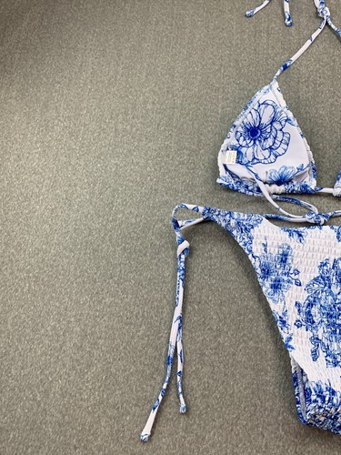 Smocked 2pc Bikini Swimsuit Women size Large Blue White Floral Cottage Core Cute - Picture 5 of 17