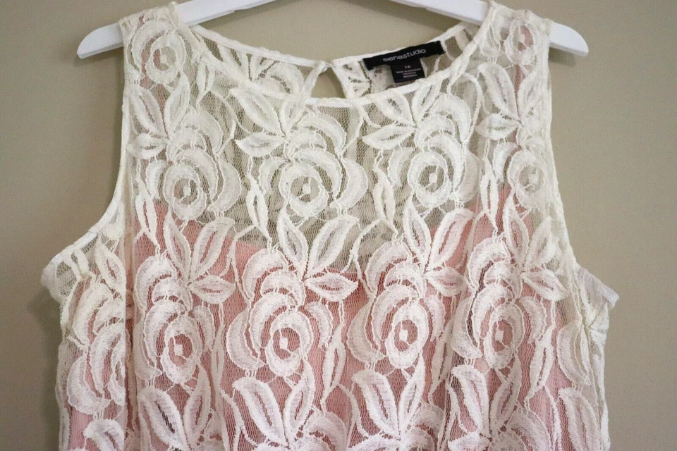 Vestido para mujer Siena Studio sin mangas bordado de encaje, talla 16, blanco/rosa Foto 2 de 4