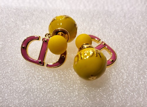 Christian DIOR Tribales Stud Earrings Gold Yellow CD Logo Signature Authentic - Picture 8 of 9