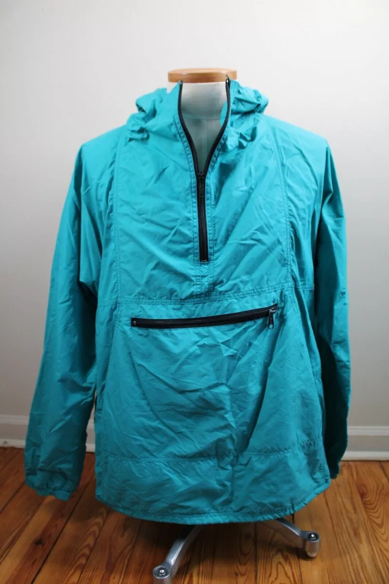 Vtg 90s LL Bean L Teal Green 1/2 Zip Hooded Kangaroo Pocket Anorak Jacket USA