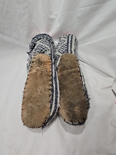 Unisex Knit Boot Sock Slippers Hand Made Suede Sole. Size L Blue And White - Picture 7 of 13