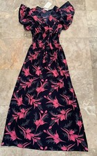 NWT TAMSY Maxi Dress Black Pink Floral One Size Smocked Waist Baby Doll Boho