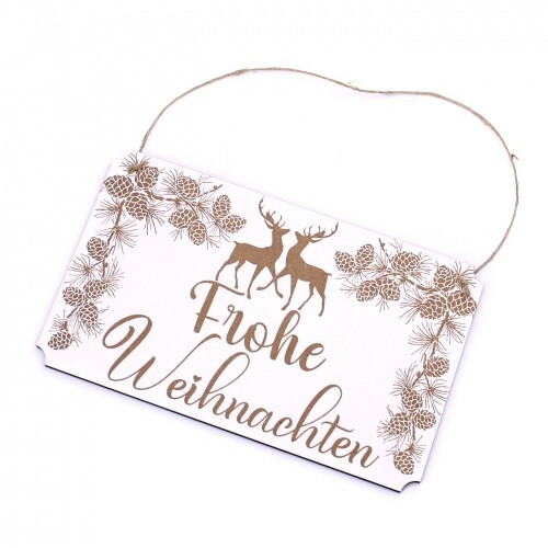 Schild Frohe Weihnachten - mit Motiv Hirsche und Zapfen - Dekoschild Türschild T - Bild 1 von 4