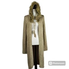Vertigo Paris Long Sweater Coatigan Sz M Faux Fur Trim Metallic Gold Boho Retro