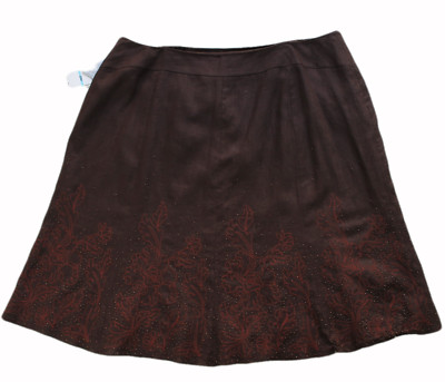 Linen Skirt 20W NEW Brown Nine West Lined Flowers Beads Priority Mail Ship