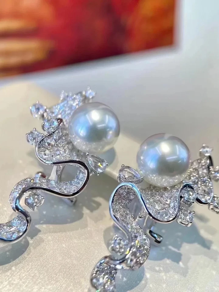 5Ct Round Cut Lab-Created White Pearl Drop/Dangle Earrings 14K White Gold Plated - Image 2 of 4