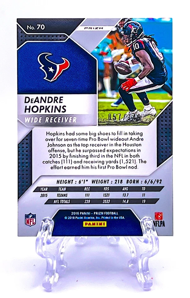 DEANDRE HOPKINS 2016 Panini Prizm #70 BLUE WAVE PRIZM /149 PARALLEL TEXANS WR - Image 2 of 2