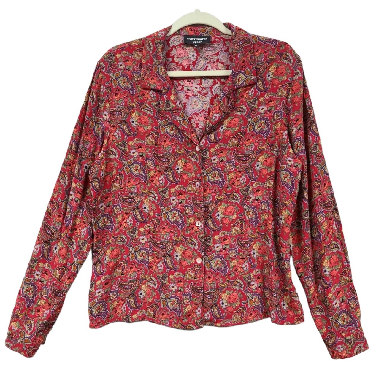 Saint Tropez Red Paisley Vintage Long Sleeve Casual Shirt Women Size 12