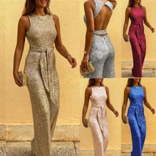 Women Sexy Backless Sequins Glitter Wide-leg Pants Formal Evening Party Jumpsuit
