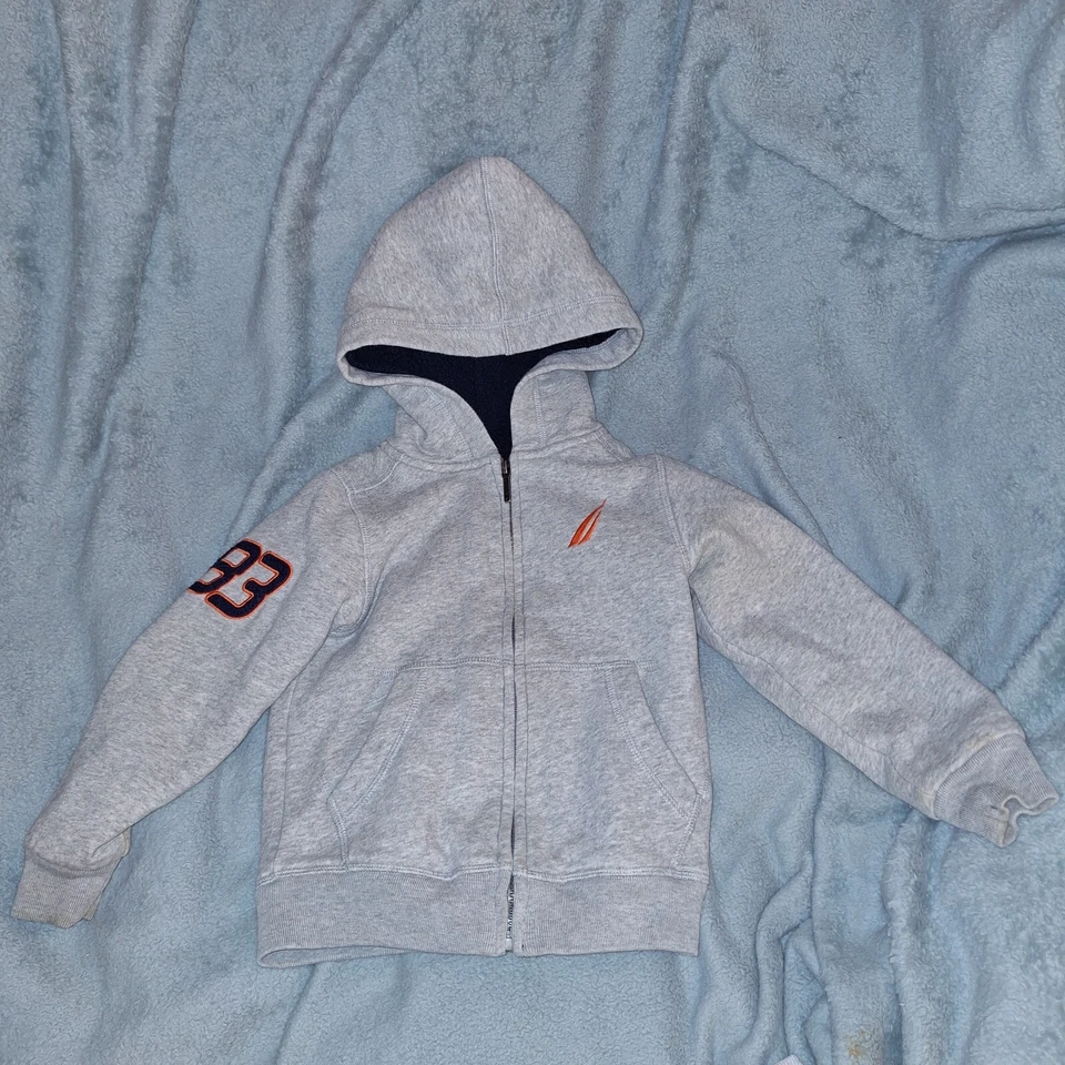 Nautica Heather Gray Logo/Numbers Fleece Hooded Zipper Jacket Size 4 - Image 2 of 4