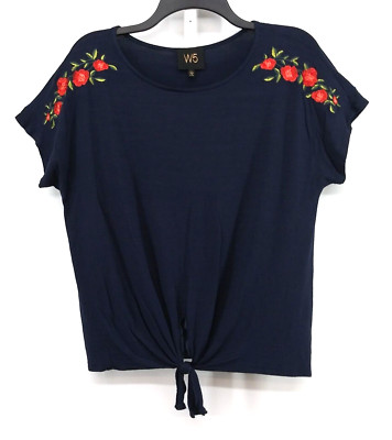 W5 Shirt Womens Size Large Blue Cap Sleeve Round Neck Tie Knot Pullover Top