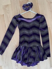 Adult S/M Mondor Figure Skating Dress Purple Long Sleeve Velvet Glitter