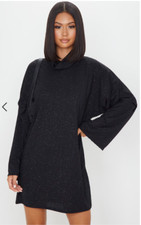 PLT Pretty Little Thing Black Glitter Roll Neck Flare Sleeve Dress Size 6