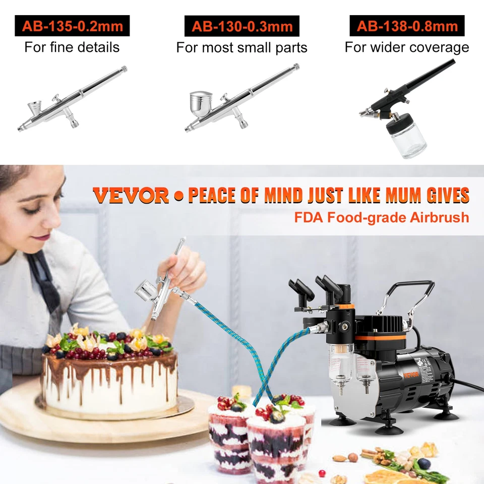 VEVOR Airbrush Kit Dual Action Air Brush Compressor 0.2/0.3/0.8mm Spray Gun - image 2 of 4