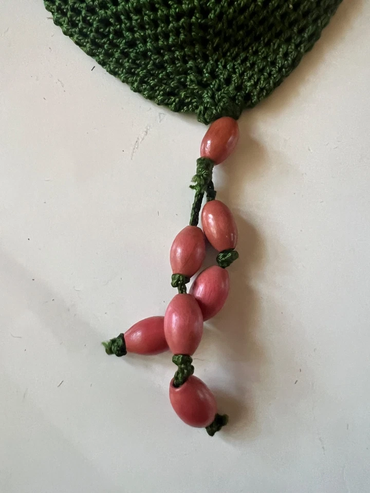 Bolso Cartera Crochet y Seda Tejido Cordón Verde Cuentas de Madera Vintage Floral Foto 3 de 4