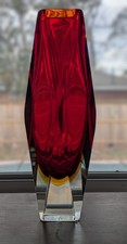 Vintage 11.5" Murano Sommerso Tri-Color Red, Amber and Blue Prism Art Glass Vase