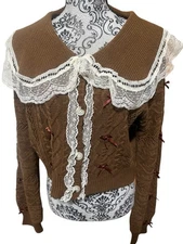 ROMWE Women’s Large Brown Cropped Sweater With Lace & Bows Button Front
