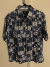 Nat Nast Shirt Mens Medium Blue Geometric Silk Blend Bowling Rockabilly