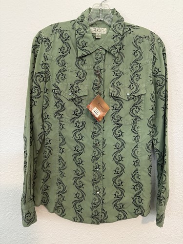 Camicia donna Ryan Michael verde medio paisley stampa western misto seta perle a scatto