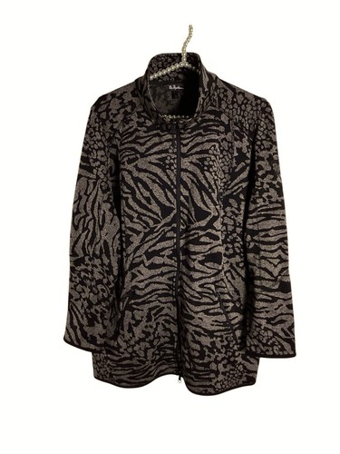 Ulla Popken Sweater Jacket Size 12 14 Animal Print Faux Fur Collar - Picture 5 of 21