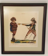 Antique original colored engraving Fencing 1806 Spanish Italian plate IV framed