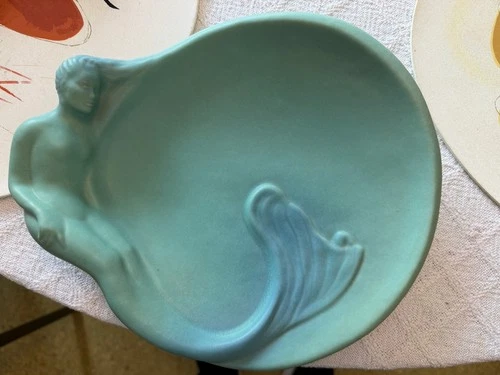 Van Briggle 1990s Vintage Art Nouveau Pottery Blue Ceramic Mermaid Tray