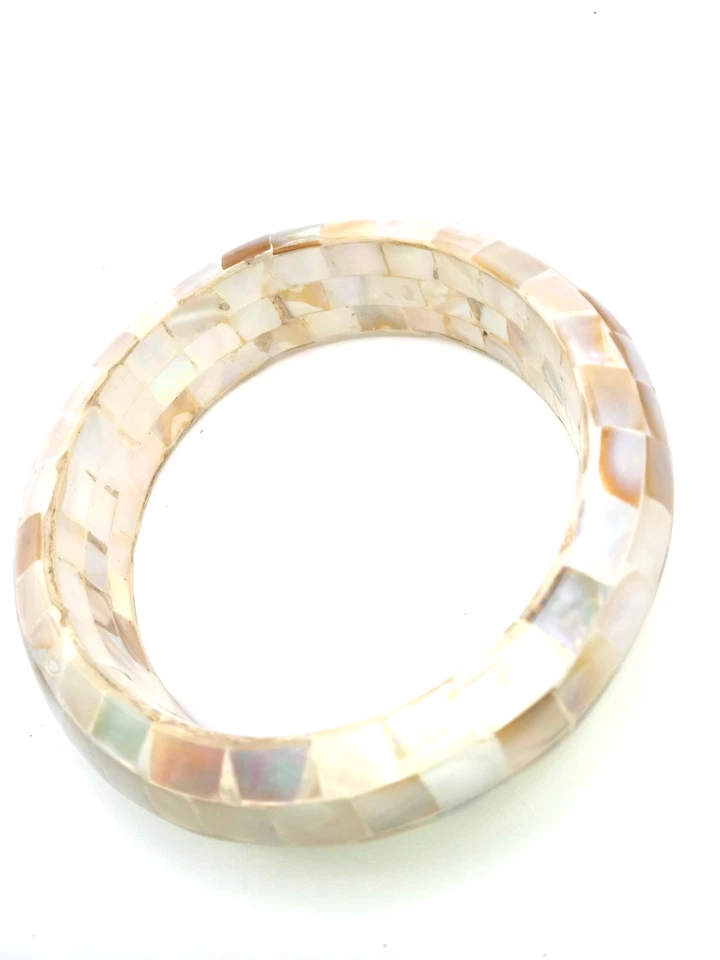 Vintage Mother Of Pearl Inlaid Mosaic Cream Colors Bangle Bracelet - Image 2 of 4