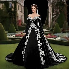 Gothic Black White Wedding Dresses Off Shoulder Long Sleeves Bridal Ball Gowns