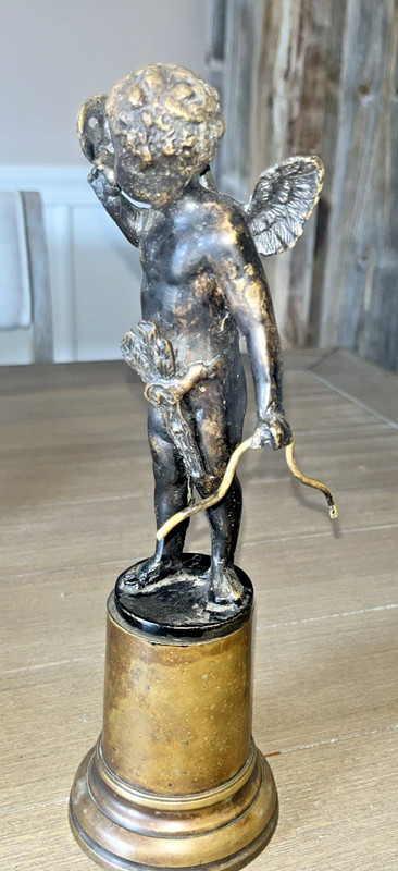 Antique Bronze  Angel Boy Statue With Mask & Bow 10 inches