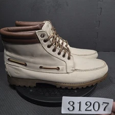 Timberland Boots Mens Size 14 Off-White Brown Moc Toe Boat Lug Leather Ankle