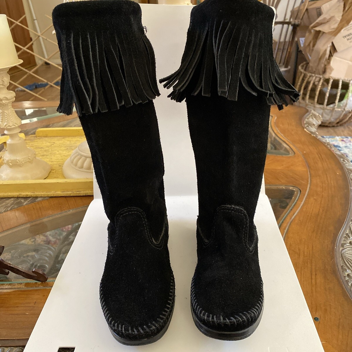 Boot Moccasin Minnie Tonka women suede fringe tall boots size BLACK