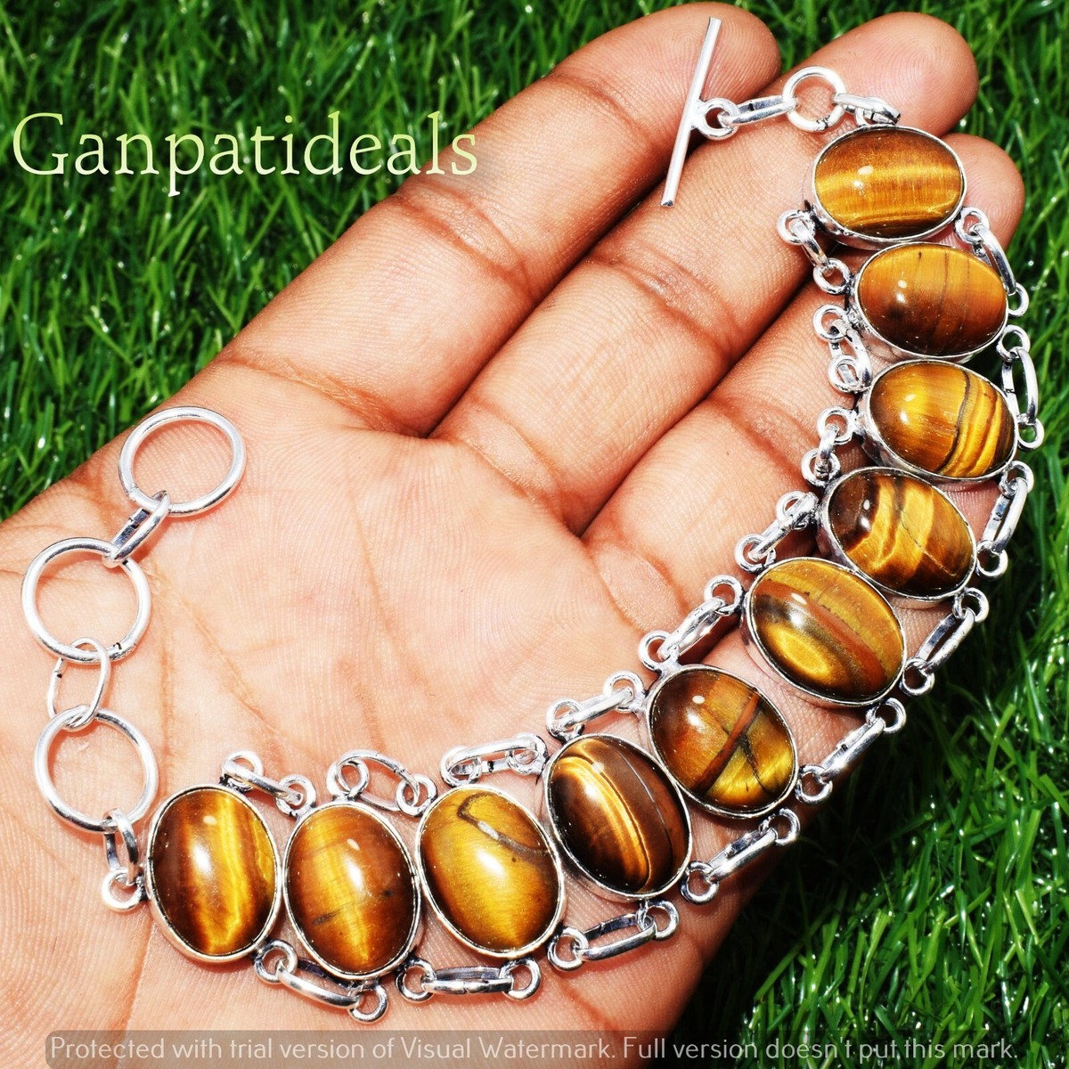 Tiger Eye 10 Stone Bracelet 1pcs Wholesale Lot 925 Silver