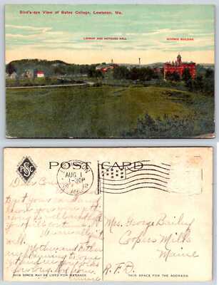 Lewiston Maine BATES COLLEGE BIRD'S EYE VIEW LIBRARY HATHORN HALL Postcard Q500