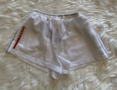 Prada New Mesh Shorts Linea Rossa White Red Tab Logo Athletic Running Triangle S