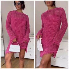 New Zara Fringed Crochet Openwork Pink Fuschia Mini Dress 3859/024 Small