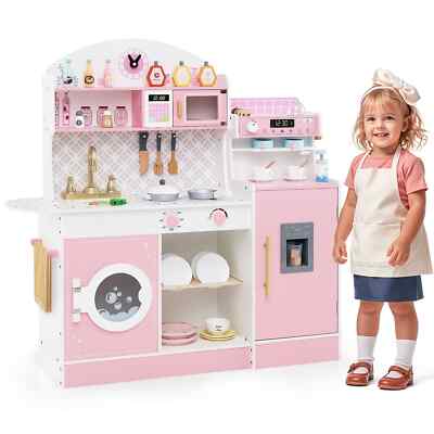 Kids Toy Kitchen Set Wooden Kitchen Playset w/Washing Machine