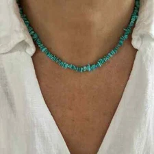 Thin 4mm Blue Arizona Turquoise Chip Wafer Bead Necklace, Hippie Beach Choker