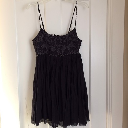 Free People Bead Embellished Spaghetti Strap Black Slip Mini Dress Size 6 NWOT
