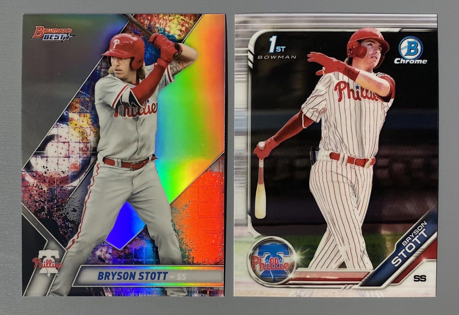 2- 2019 Bowman Bryson Stott: 1st Chrome #BDC-79, Bowman’s Best Refractor #TP-6