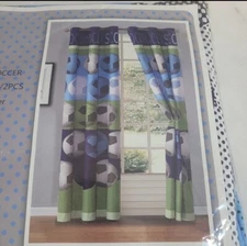 Fancy Linen Collection 2 Panel Curtain Set, Soccer Blue Green White Black 