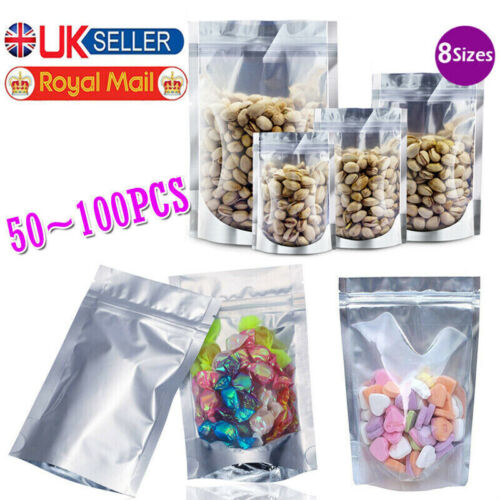 Clear Silver Resealable Stand Up Foil Mylar Zip Lock Heat Seal Food Bags Pouch - Picture 2 of 16