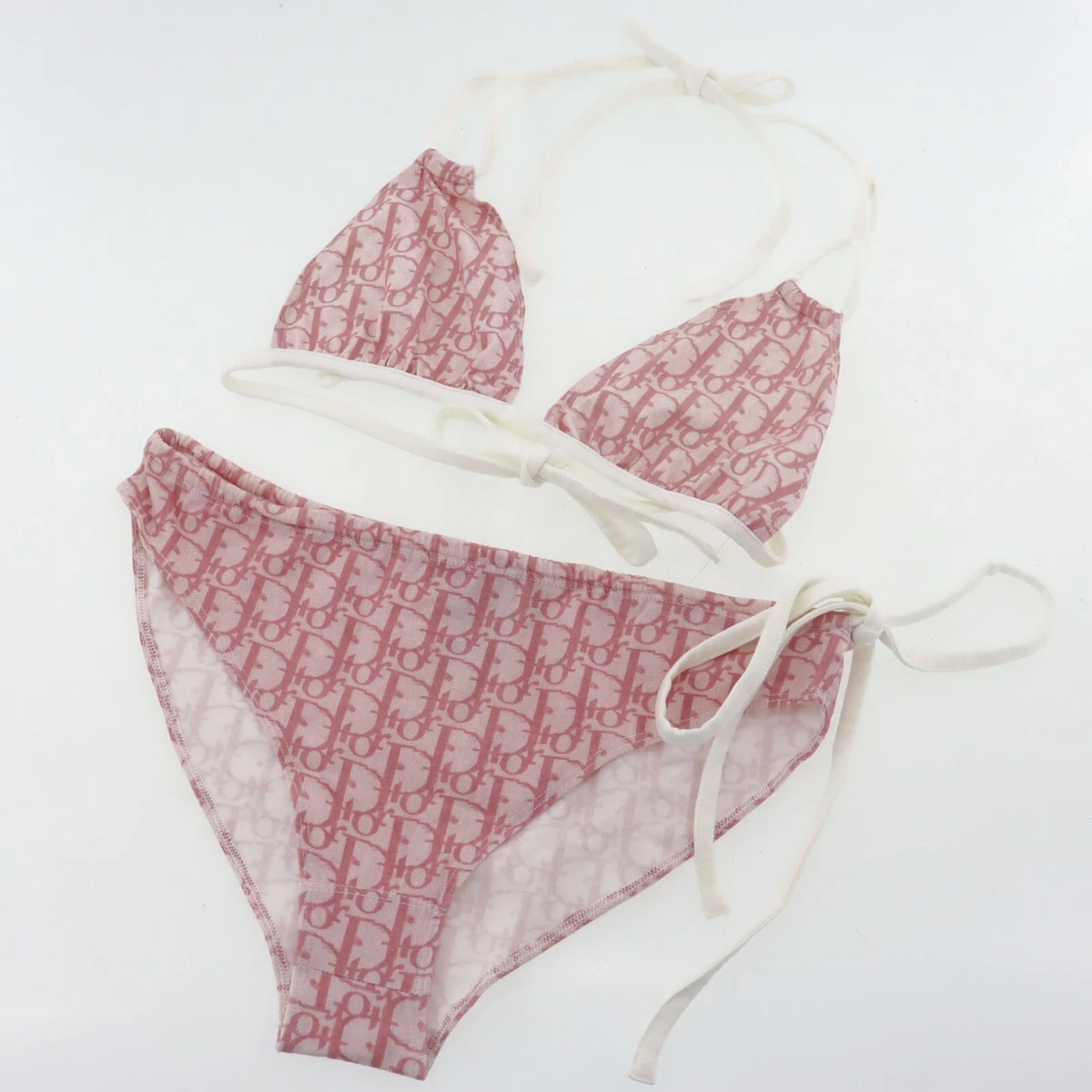 Christian Dior Used Trotter Swimwear Bikini Pink White Cotton France #AH274