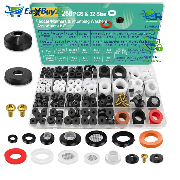 Wasserhahn Dichtung Sortiment 258 Teile Gummi Unterlegscheiben FüR Gartenventil-image