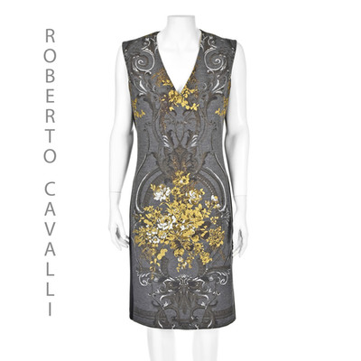 ROBERTO CAVALLI Gray Wool Sheath Dress with Gold Floral Print SZ US8-10 NWOT