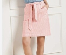 Talbots Pink/White Linen Blend A-Line Skirt Stripe Belted Lined Summer 12P