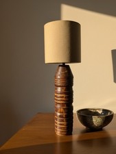 Mid-Century Modern Wood Table Lamp with Beige Drum Shade, Brown Finish